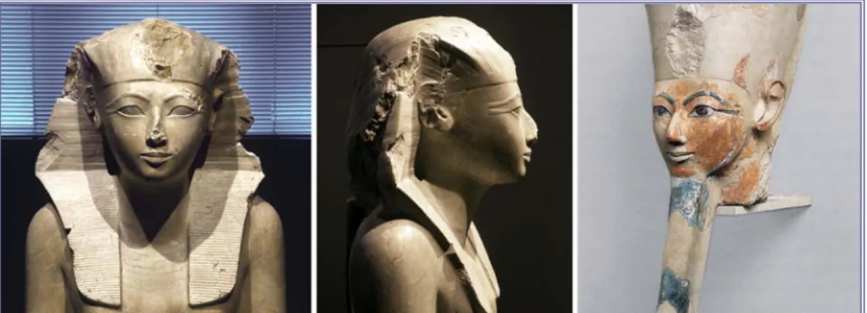 Figure 8. Left and center: Close-up of seated statue of Hatshepsut (MMA 29.3.2). Right: Head of Osiride  colossi B (MMA 31.3.164)