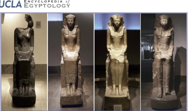 Figure 9. Seated statues of Hatshepsut from Deir el-Bahri, in chronological order (from left to right): 