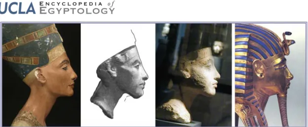 Figure 15. Comparison between (from left to right) the profile of Nefertiti’s Berlin bust, its profile line on a  3D recording of the plaster head of Akhenaten (Berlin 21.351), the model bust of Neferneferuaten (Berlin  20.496), and Tutankhamen’s funerary 