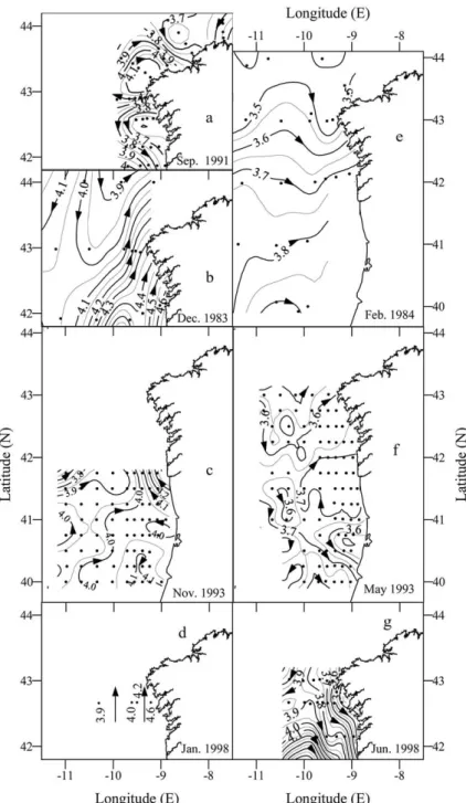 Fig. 4. Horizontal distributions of surface dynamic height (in m 2 s ⫺2 ) referred to 350 dbar during the GALICIA-XII (September 1991) (a), VI (November–December 1983) (b), MORENA-II (November 1993) (c), CD110b (January 1998) (d),  GALICIA-VII (February–Ma