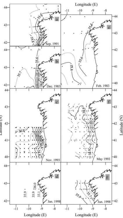 Fig. 5. Horizontal distributions of surface salinity during the GALICIA-XII (September 1991) (a), GALICIA-VI (November–