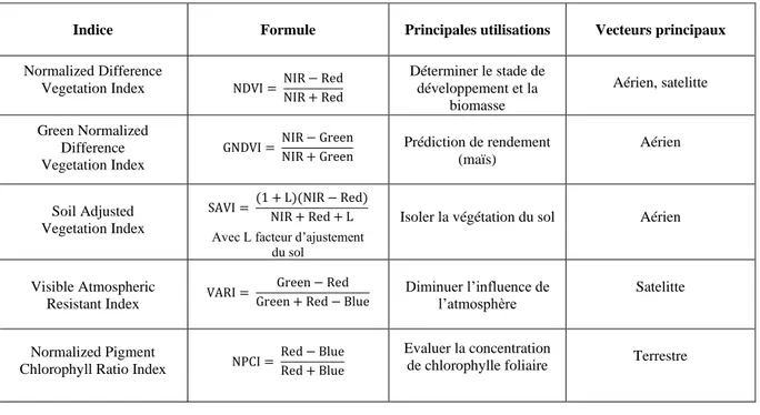 Tableau  1 :  Présentation  de  quelques  indices  de  végétation  utilisés  en  télédétection,  (d’après  Gitelson et al., 2002 ; Huete, 1988 ; Wójtowicz et al., 2010) 