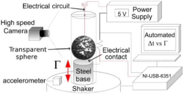 FIG. 1 (color online). A sphere partially filled with grains is placed on a vibrating plate