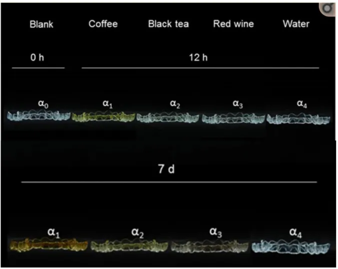 Figure 4 : Évolution des colorations des aligneurs Invisalign® plongés dans différents milieux à 12  heures puis à 7 jours