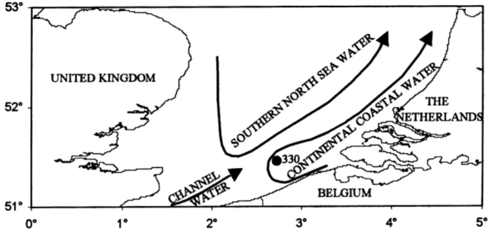 Fig. 1. Map of the study site with schematic diagram of general circulation adapted from Nihoul and Hecq (Nihoul and Hecq, 1984) and Becker et al