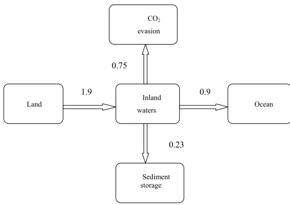 Figure 1.4: Diagram showing the global carbon cycle (PgC yr -1 ) in the inland waters (Cole et al., 2007)