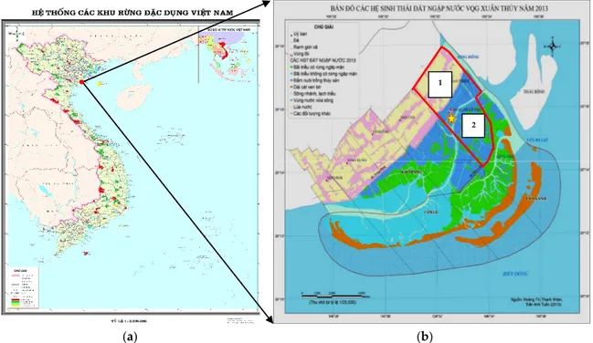 Figure 2. Description of the study site. (a) Map of protected areas in Vietnam; (b) The yellow area is surveyed  rice farms (Number 1); the blue area is surveyed aquaculture farms (Number 2); the green area is mangrove  trees; the yellow star signifies the