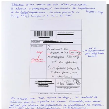 Figure 2. Dans un portfolio, les « preuves » (ici l’ordonnance, au centre de la page) sont toujours assorties de commentaires de l’étudiant (ici, manuscrits et en bleu/rouge,