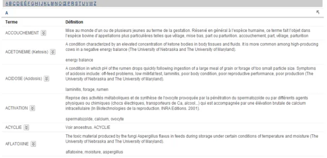 FIGURE 16 : SAISIE D’ECRAN DU GLOSSAIRE MIS EN LIGNE SUR ECAMPUS 