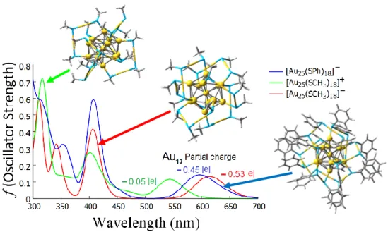 Figure 1. Computed optical absorption spectra of the ligated anions [Au 25 (SCH 3 )] – , [Au 25 (SPh)]  –  and the  cation [Au 25 (SCH 3 )]  +  GNC at the TD – DFT level