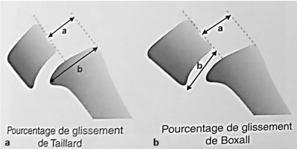 Figure 13. Mesure du glissement selon Taillard (a) et selon Boxall (b)  