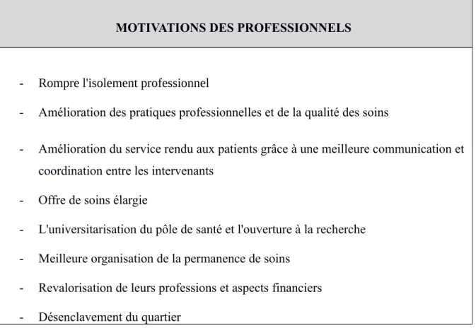 Figure 3: Tableau récapitulatif des motivations des professionnels