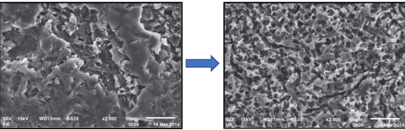 Figure 13 : Microphotographie en MEB (x 2000) d'une surface d'IPS Empress ®  avant et après mordançage à  l’acide fluorhydrique 5 % pendant 60s (Sattabanasuk et al