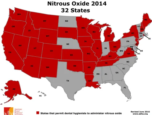 Figure 1- Etats (des Etats-Unis) autorisant les hygiénistes à administrer le mélange d’O 2 /N 2 O  pour la sédation consciente 