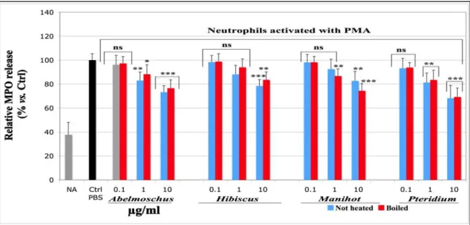 Figure 2. Effects of not heated and boiled aqueous extracts of Abelmoschus esculentus,  Hibiscus acetosella, Manihot esculenta and Pteridium aquilinum on total myeloperoxidase  (MPO) released through degranulation into the extra-cellular milieu by equine n