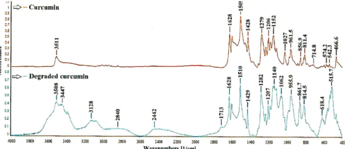 Figure 2. Fourier-transform infrared (FTIR) spectrum for degraded curcumin in the presence of light and air for 28 days compared to the FTIR spectrum of non-degraded curcumin.