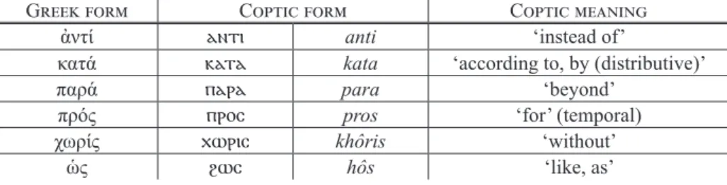 Table 4: Greek-origin prepositions in Coptic