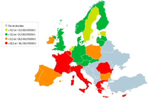 Figure 2. Europe : consommation d’antibiotiques en 2015 dans le secteur ambulatoire [8]