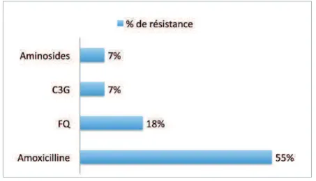 Figure 1 -  Prévalence de la résistance de l’E. coli aux différentes classes d’antibiotiques en France en 2010 (EARS-net).