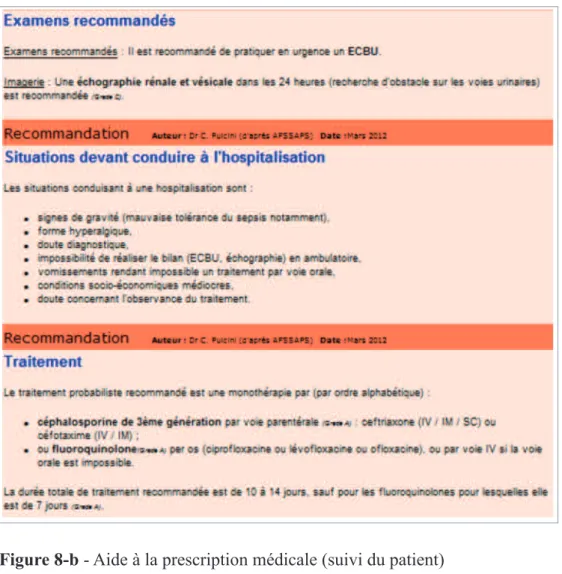 Figure 8-a - Aide à la prescription médicale (examens recommandés, situations devant conduire à une hospitalisation, traitement)