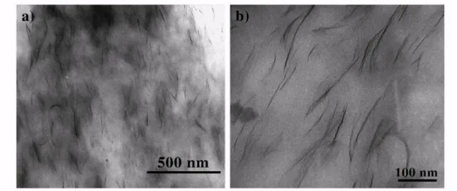 Fig. 3. TEM microphotographs of the nanocomposite based on EVA + 5 wt% Cloisite® 30B. (a) Low  magnification, (b) high magnification