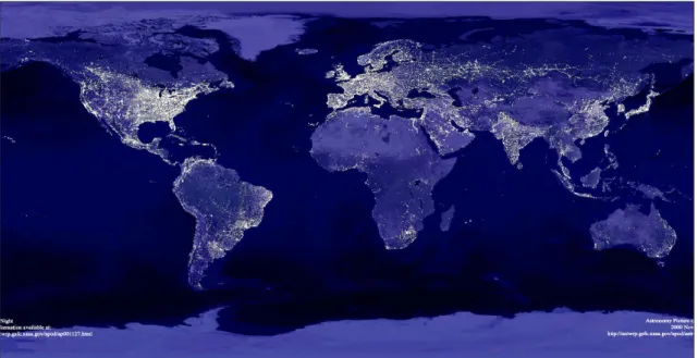 Figure 1. Photo-assemblage satellite de la NASA, illustrant l’ampleur du phénomène de la pollution lumineuse en 2000