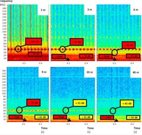 Figure 4. Raven Lite spectrograms of quadcopter ultrasonic noises at several vertical distances (1 to 40 m), recorded by the AudioMoth without the insulation casing.