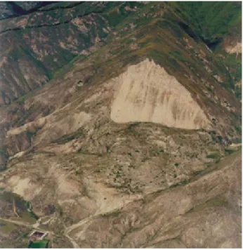 Figure  4:  Usoi  rockslide  scarp  (left)  and  dam  (front)  with  dammed Sarez lake (right), after Schuster &amp; Alford (2004).