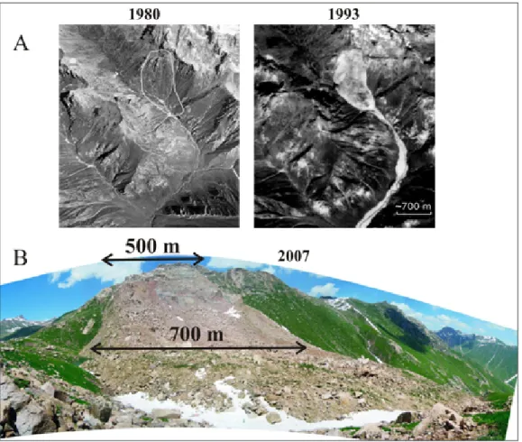 Figure 8: The Belaldy  rock  avalanche.  A)  Aerial  photograph  of  the  site  acquired  in  1980 (left), before the  1992  Suusamyr  earthquake  and  space  image of 1993 (right),  after  the  earthquake