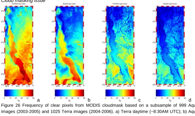 Figure  26  Frequency  of  clear  pixels  from  MODIS  cloudmask  based  on  a  subsample  of  999  Aqua  images (2003-2005) and 1025 Terra images (2004-2006)