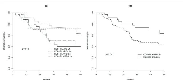 Figure 4. Courbes de Kaplan-Meier : Analyse de la survie globale selon le statut CD8+TIL/ PD-L1 au sein  des 105 mélanomes primitifs