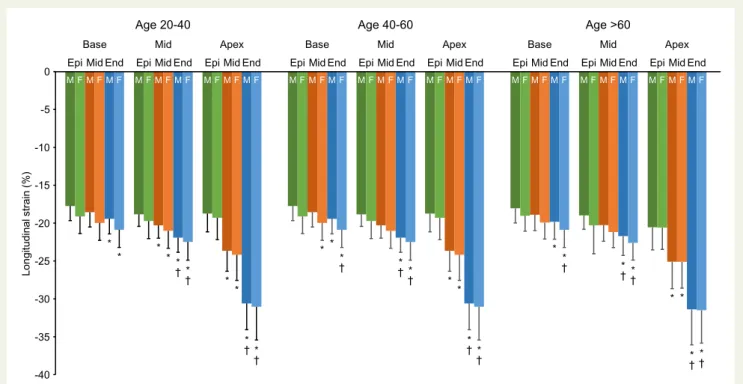Figure 2 Bar graphs showing average layer-specific strain by 2D echocardiography analysis according to gender and age categories