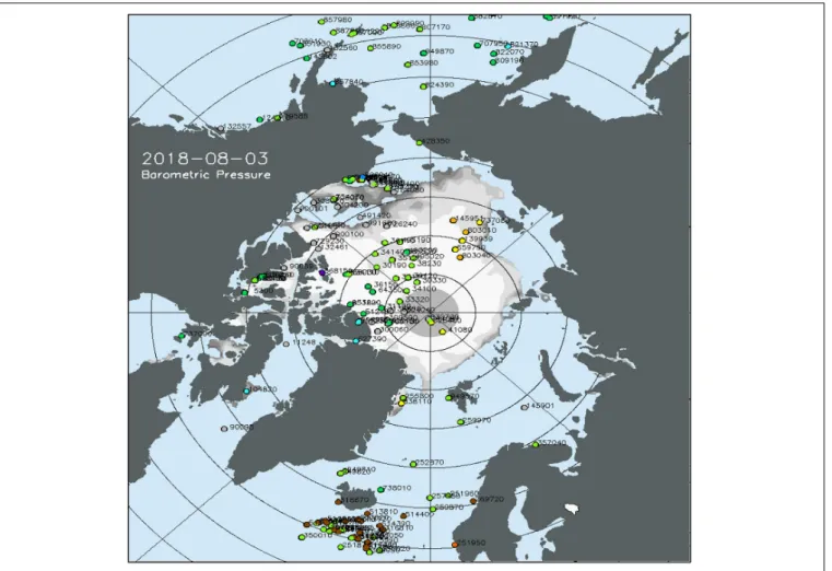 FIGURE 6 | Map of drifting buoys reporting in the Arctic on August 3, 2018. Source: http://IABP.apl.uw.edu.