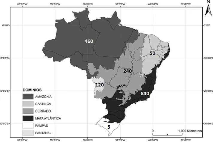Figura 1 - Riquezas de espécies de samambaias e licófitas nos Domínios Fitogeográficos do Brasil
