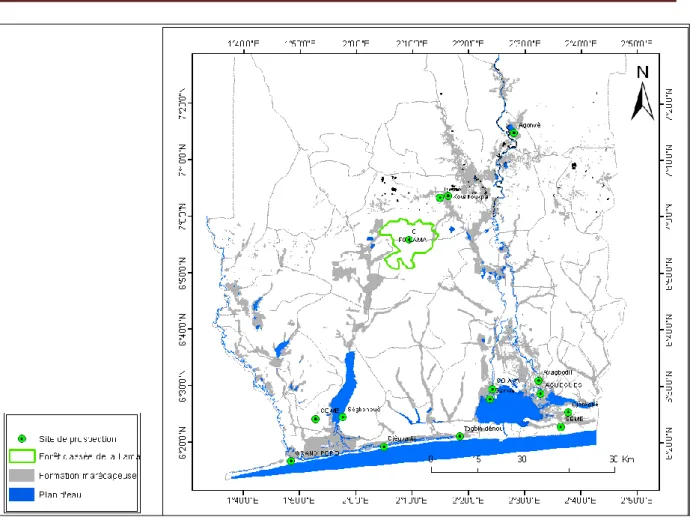 Figure 4: Carte des sites de prospection dans le sud du Bénin 