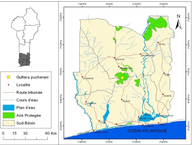 Figure 7: Carte de répartition et du niveau d’abondance de Guttera pucherani  au sud  du Bénin 