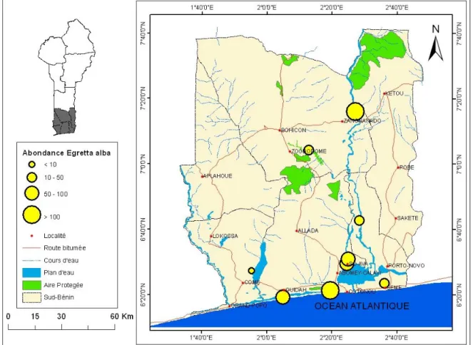 Figure  10 :  Carte  de  répartition  et du niveau d’abondance d’Egretta  alba au  sud  du  Bénin 