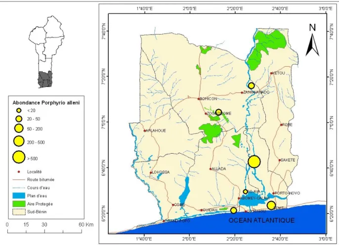 Figure 12 : Carte de répartition et du niveau d’abondance de Porphyrio alleni  au sud  du Bénin 