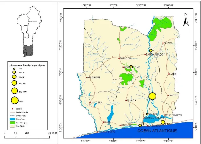 Figure 13 : Carte de répartition et du niveau d’abondance de Porphyrio porphyrio au  sud du Bénin 