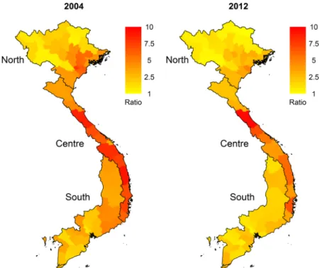 Figure 4.  Ratio between average daily poultry consumption during the Lunar New Year festival period and  outside that period for each province of Vietnam in 2006 and 2012