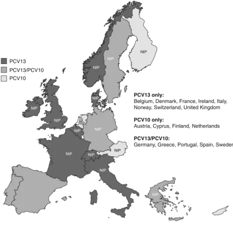 Fig. 3 Pneumococcal conjugate vaccine usage in national childhood immunisation programmes in Western Europe.