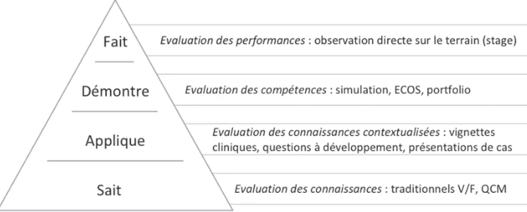 Figure 1. Évaluation des connaissances, compétences et performances   (traduite et adaptée de Miller, 1990)