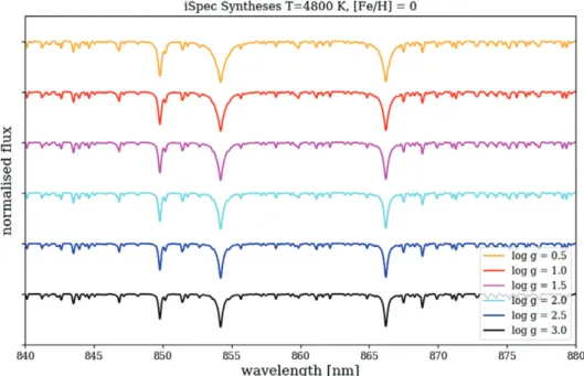 FIGURE 10 Synthetic spectra of a solar-metallicity star with T eff = 4800 K in the wavelength range and resolution of RAVE
