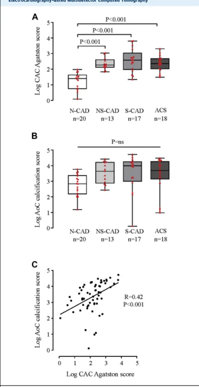 FIGURE 2 Assessment of Coronary and Aortic Calciﬁed Plaque by Prospective Electrocardiography-Gated Multidetector Computed Tomography