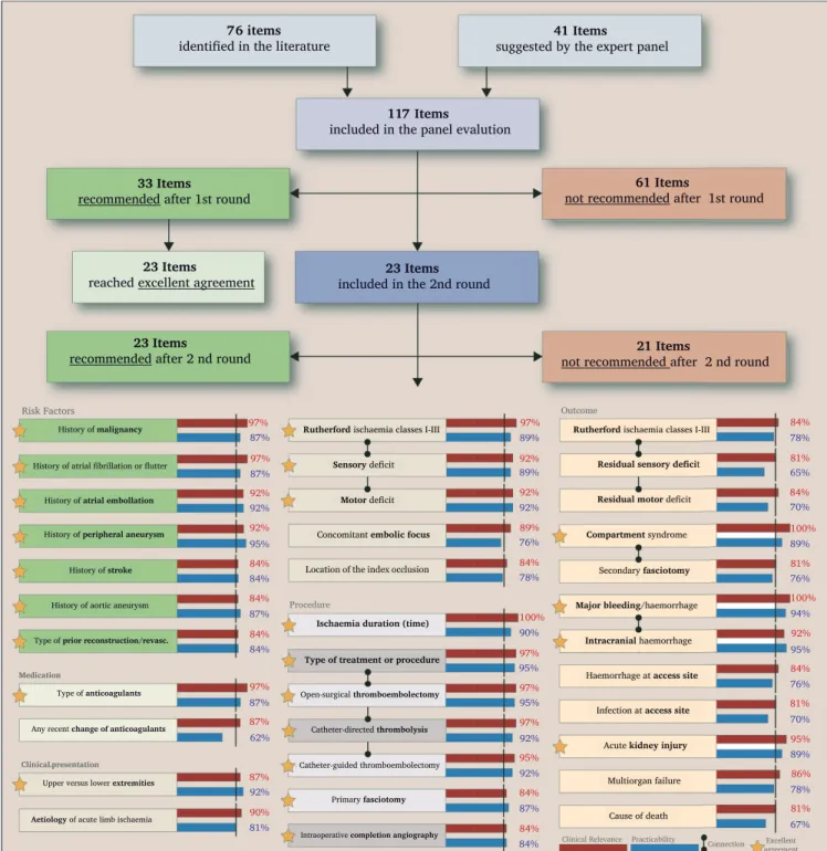 Figure 1. Flow chart of the modiﬁed Delphi expert consensus process. Of 117 items included in the panel evaluation, a total of 35 registry items were recommended for acute limb ischaemia revascularisation registries