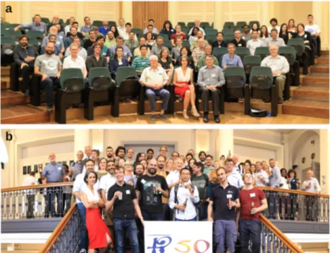 Fig. 1 Attendants to the 50th International Li`ege Colloquium on Ocean Dynamics, a during talks and b celebrating the 50th Li`ege Colloquium during the ice breaker