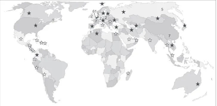 Figure 1. World Map of Edouard Poty’s publications and collections. Cyphers indicate the number of publications for each country