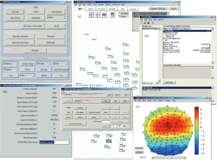 Figure 1: SPM8 for M/EEG graphical user interface tools; see also Figure 11. (a) Menu window, (b) interactive window showing a series of inputs required for conversion of an EEG dataset, (c) graphics window with the SPM8 for M/EEG reviewing tool