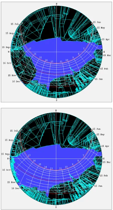 fig. 13 et 14 : projections stéréographiques solaires, avec et  sans la construction du théâtre 