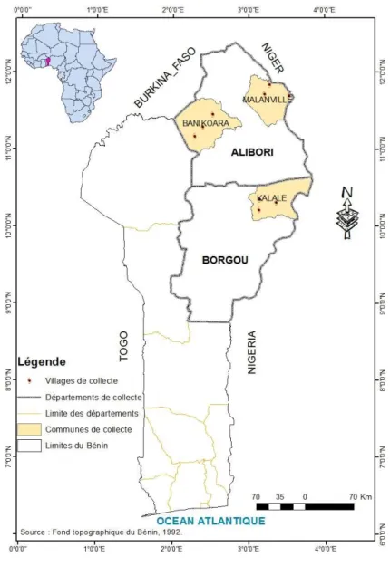 Figure 2. Localisation des communes de la zone d'étude sur la carte du Bénin. 